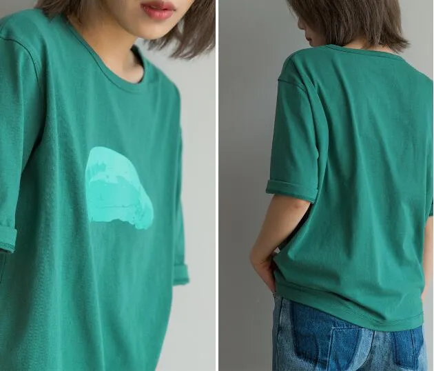 Abstract Print Green Women Cotton Tops Summer  Women Short Sleeves T-Shirts Tops H90425