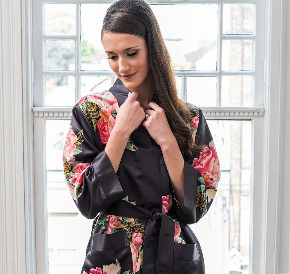 Black Floral Silky Bridesmaid Robe