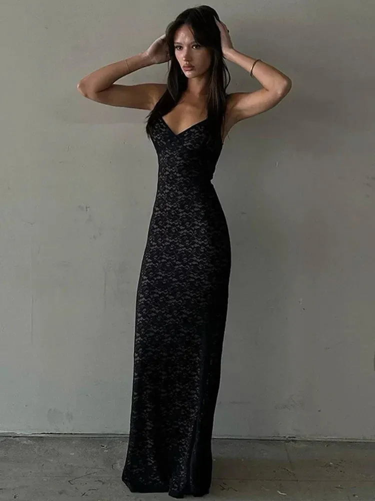 Black Lace Slim Bodycon Spaghetti Strap Nightclub Sexy Long Summer Maxi Dress