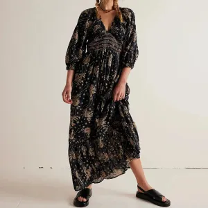 Boho Chiffon Tiered Swing Dress with Deep V Neck and Puff Sleeves