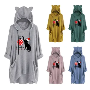 Cchristmas Matching Family Pyjamas Christmas Cat Cute Cat Ear Pocket Long Hoodie