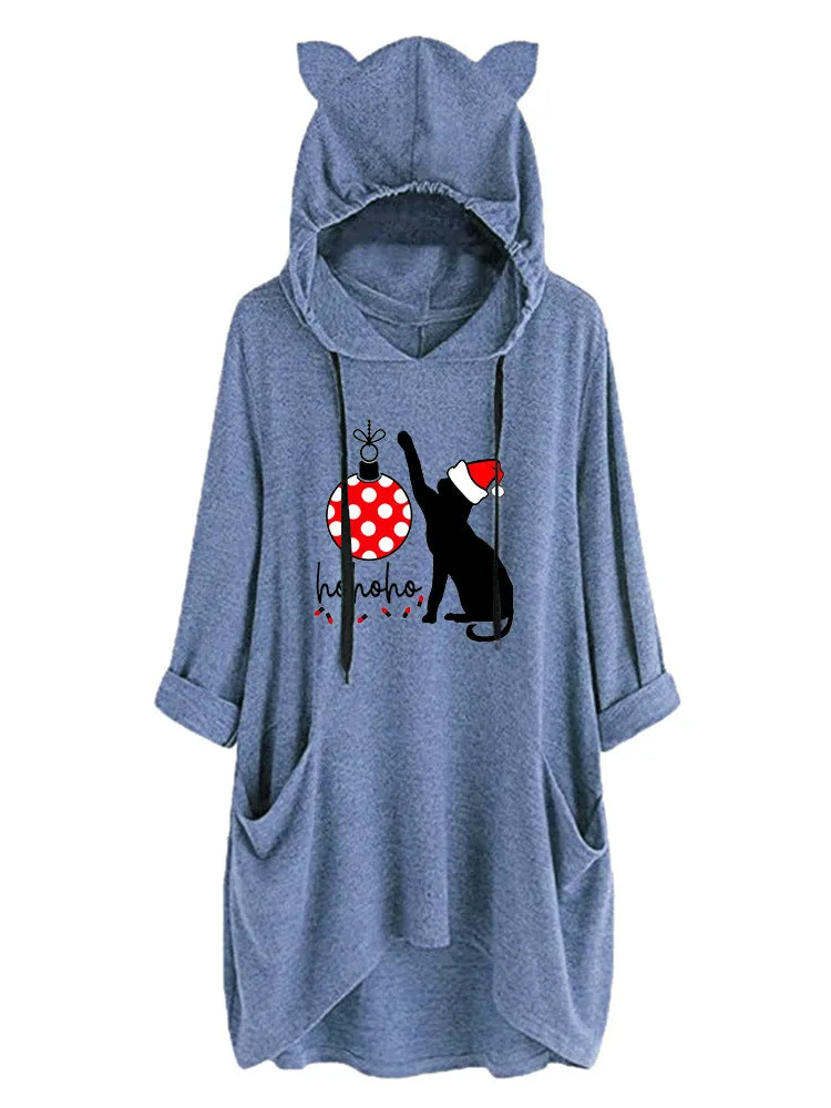 Cchristmas Matching Family Pyjamas Christmas Cat Cute Cat Ear Pocket Long Hoodie