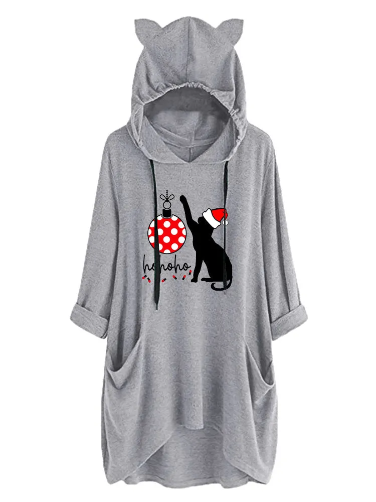 Cchristmas Matching Family Pyjamas Christmas Cat Cute Cat Ear Pocket Long Hoodie