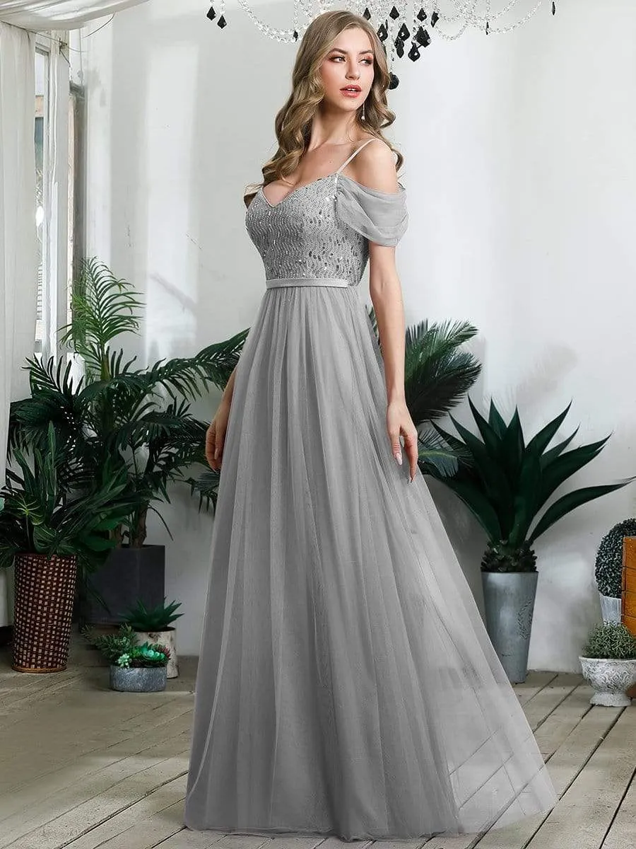 Cold Shoulder Sequin Bodice Long Tulle Bridesmaid Dress