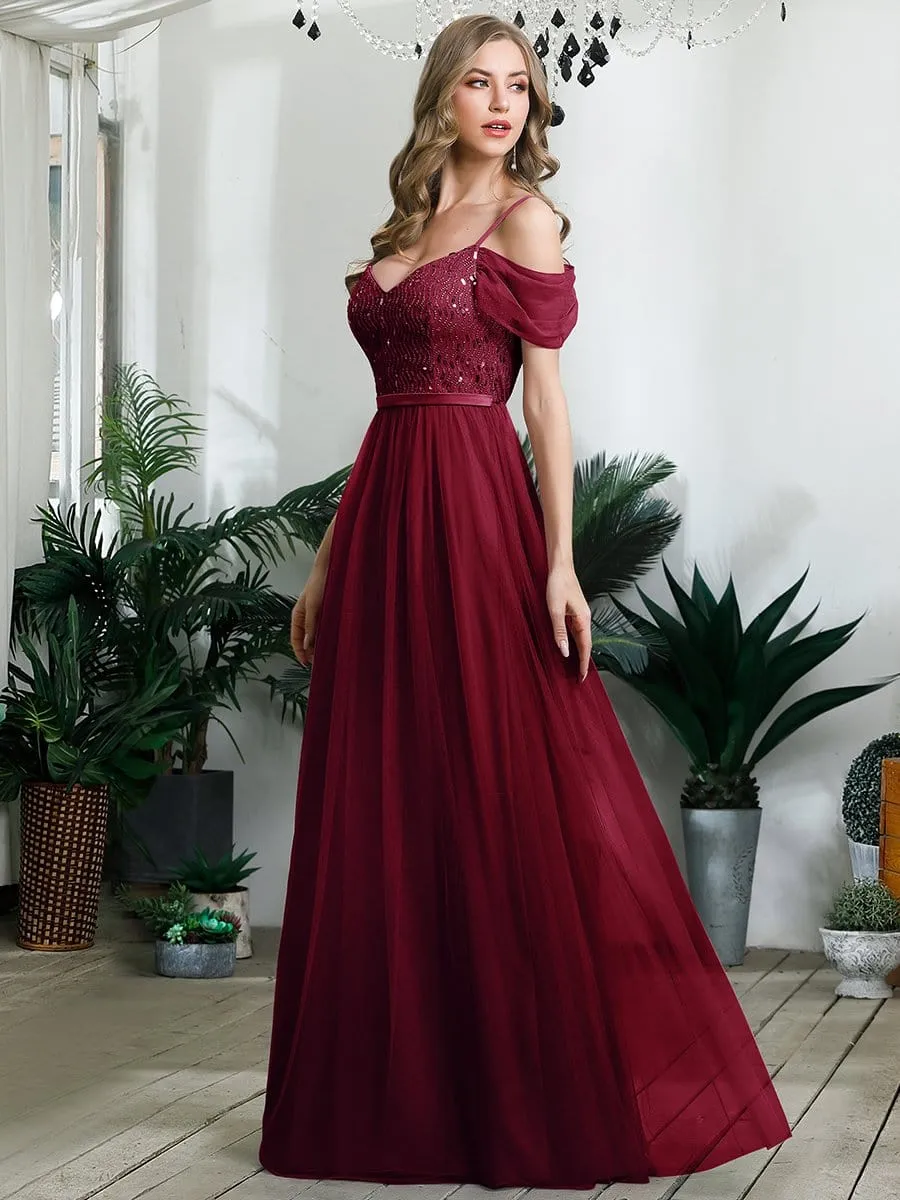 Cold Shoulder Sequin Bodice Long Tulle Bridesmaid Dress