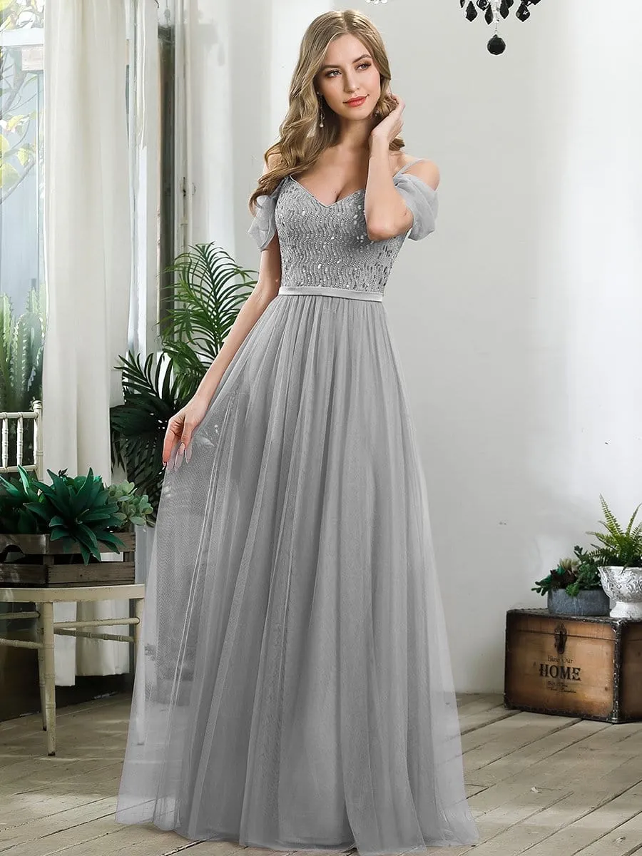 Cold Shoulder Sequin Bodice Long Tulle Bridesmaid Dress