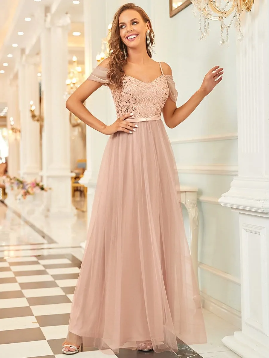 Cold Shoulder Sequin Bodice Long Tulle Bridesmaid Dress