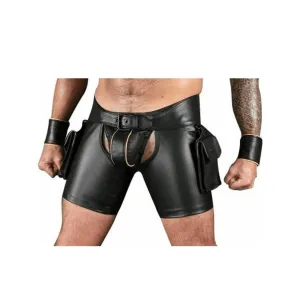 Fetish Wear Mens Gay Leather Shorts with Jockstrap and Wrist Bands