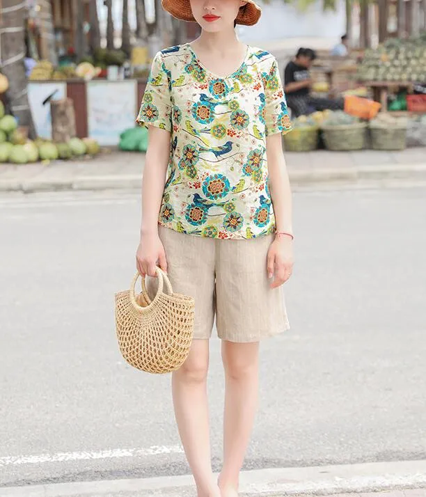 Floral  Linen Blouse Simple Style Shirts Summer Tops  SMM9508