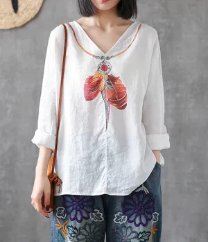 Flower Print Long Sleeve V Neck Linen Shirts Summer Women Tops DZA2005317