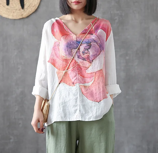 Flower Print Long Sleeve V Neck Linen Shirts Summer Women Tops DZA2005317