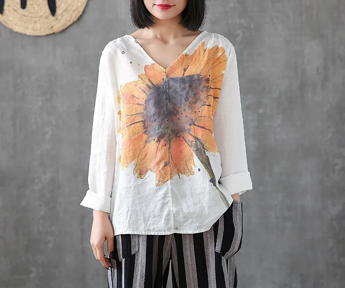 Flower Print Long Sleeve V Neck Linen Shirts Summer Women Tops DZA2005317