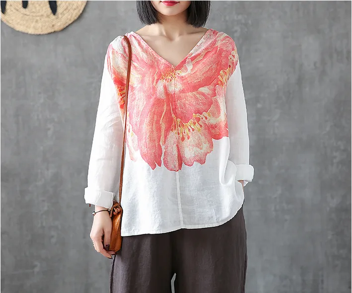 Flower Print Long Sleeve V Neck Linen Shirts Summer Women Tops DZA2005317