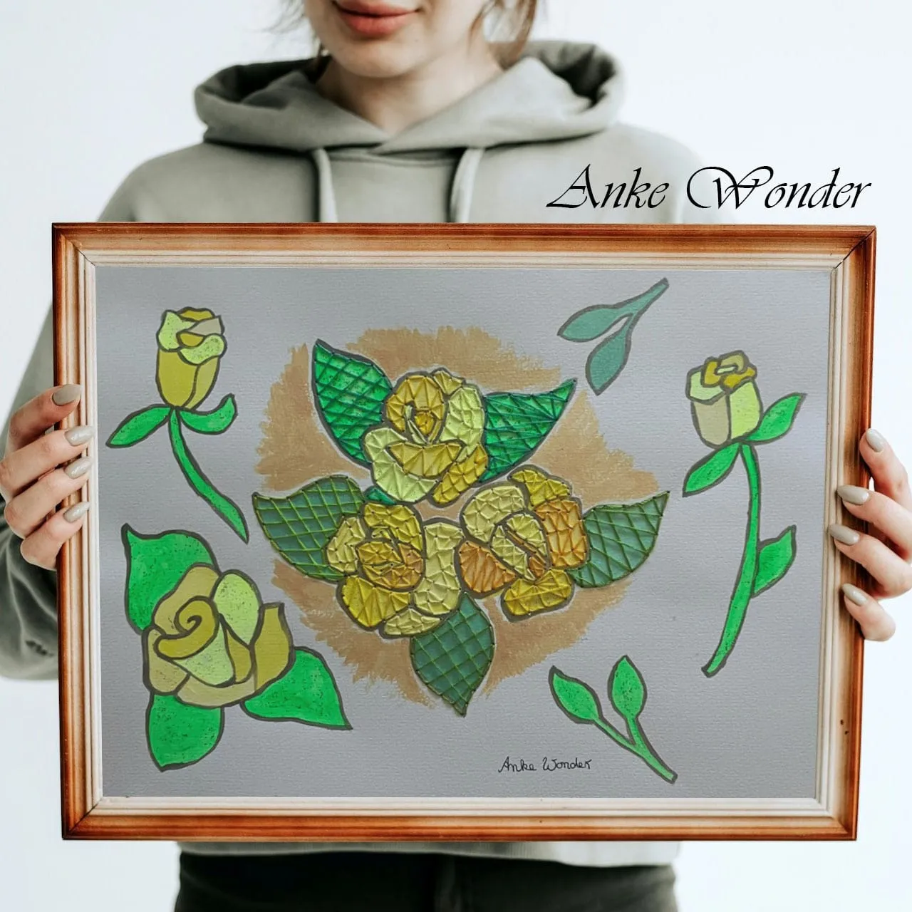 Hand-Embroidered Yellow Roses Painting - Original