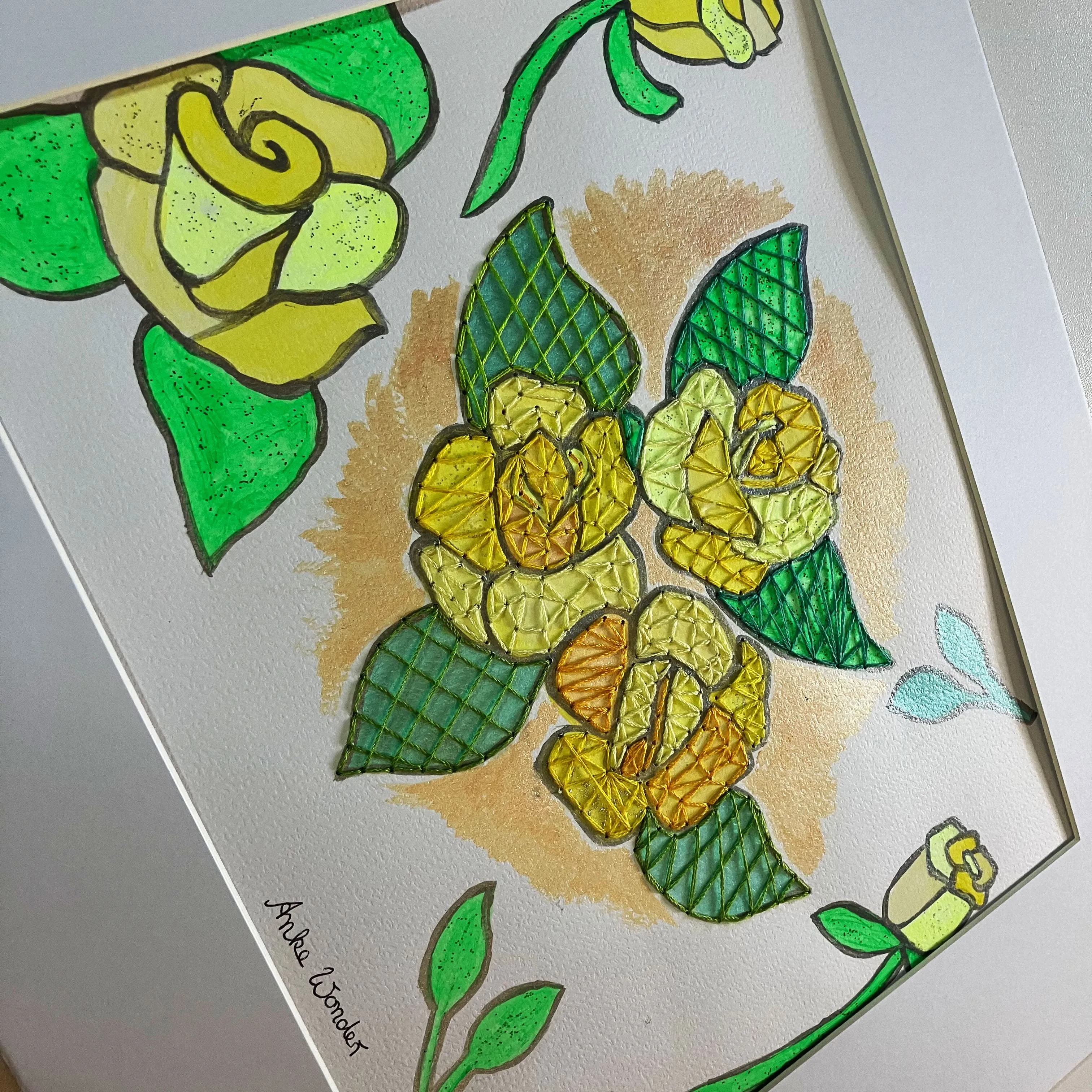 Hand-Embroidered Yellow Roses Painting - Original