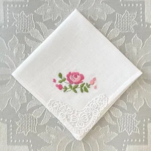 Handkerchief Ladies - Linen Pink Rose with Crochet Corner