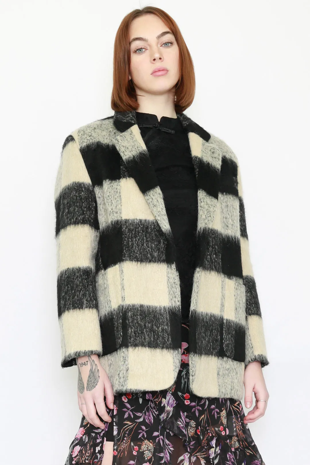 Heavy Wool Black White Plaid Blazer Coat