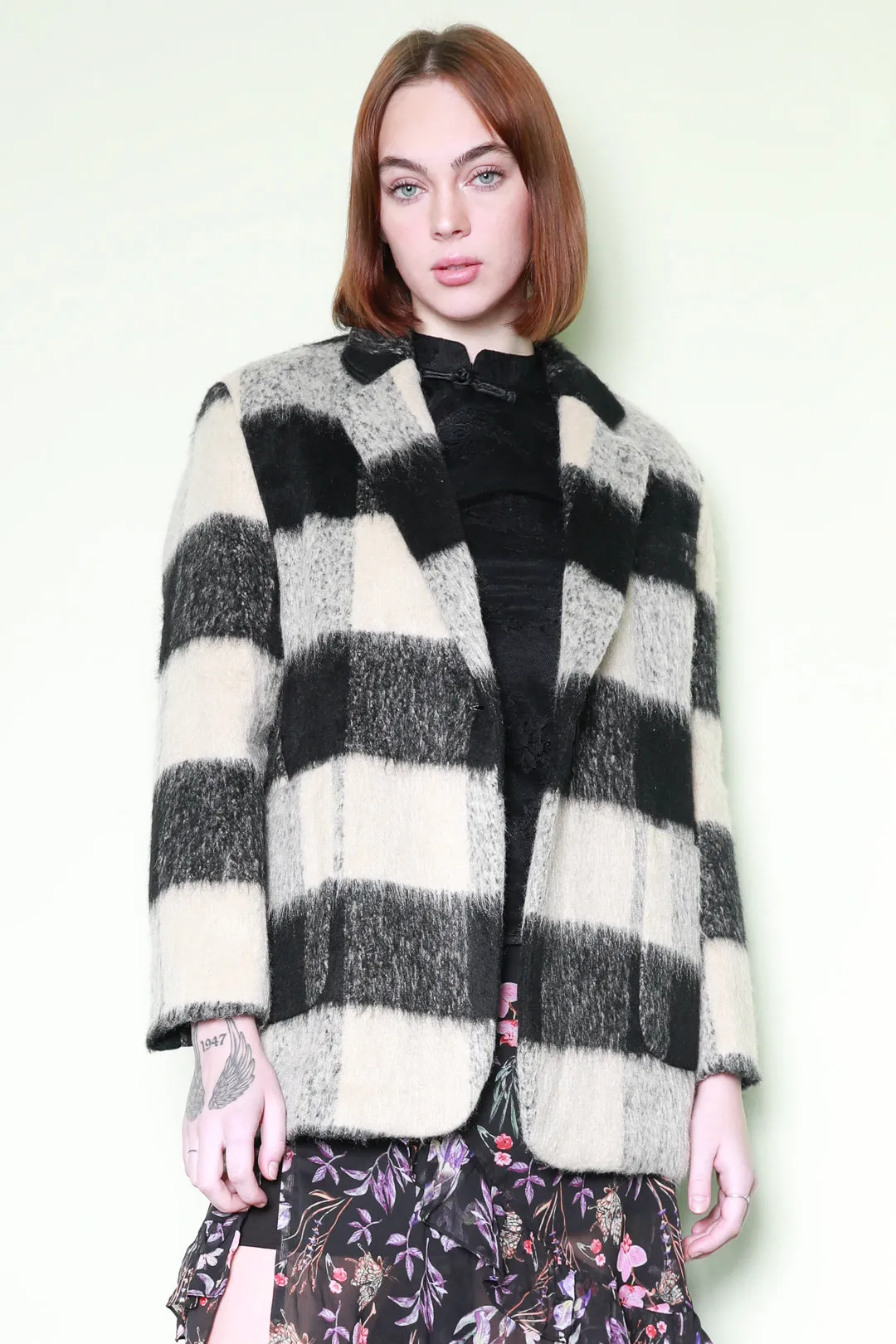 Heavy Wool Black White Plaid Blazer Coat