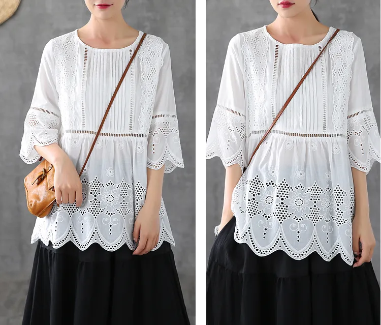 Hollow Summer Women Casual Blouse Cotton Shirts Tops DZA2007202