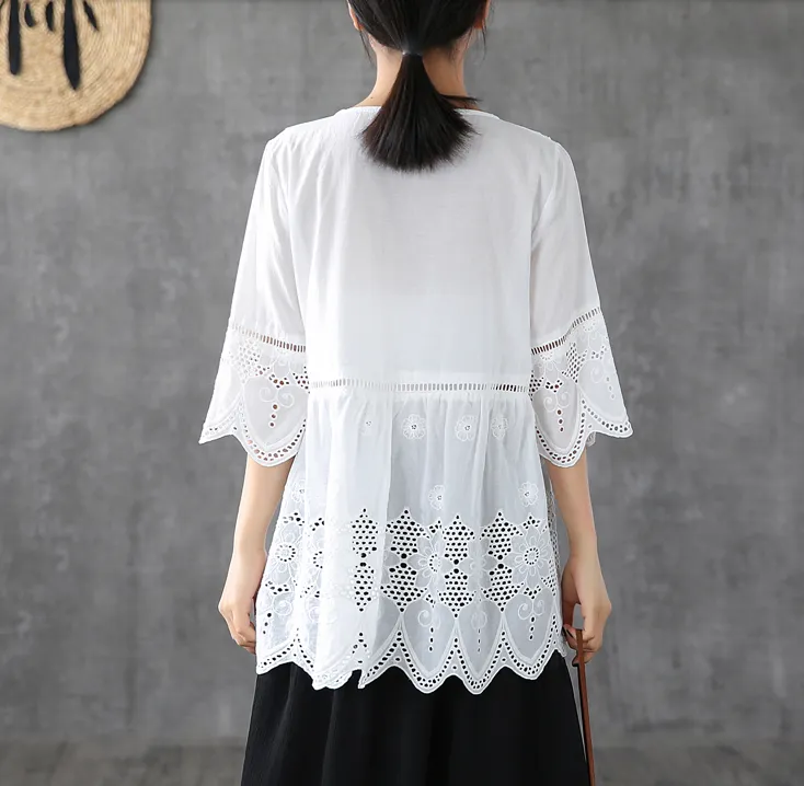 Hollow Summer Women Casual Blouse Cotton Shirts Tops DZA2007202