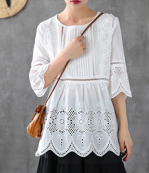 Hollow Summer Women Casual Blouse Cotton Shirts Tops DZA2007202