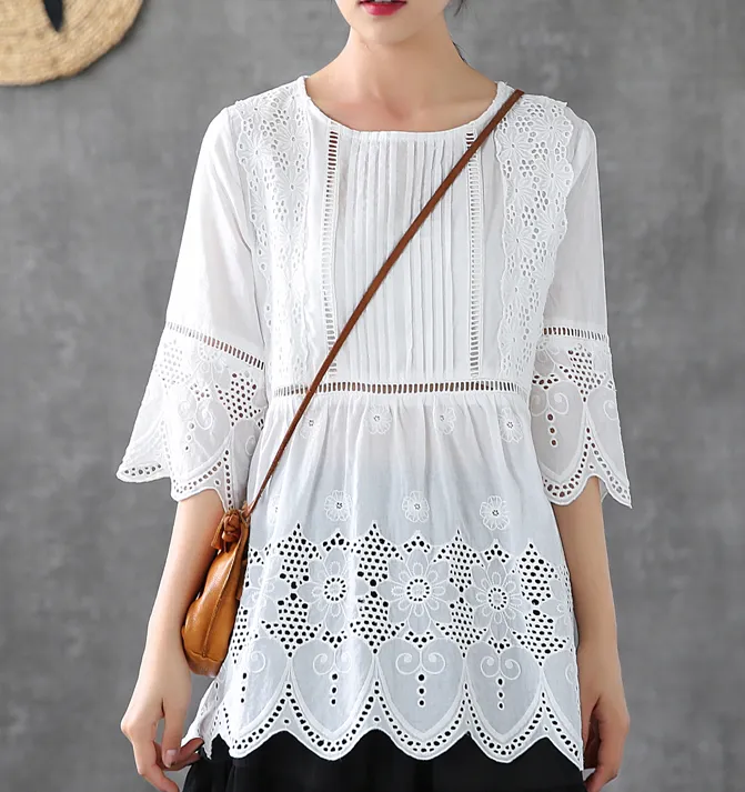 Hollow Summer Women Casual Blouse Cotton Shirts Tops DZA2007202