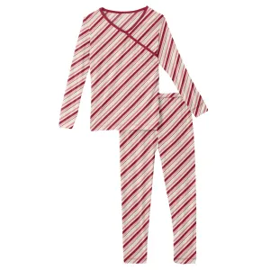 Kickee Pants Print Long Sleeve Kimono Pajama Set - Strawberry Candy Cane Stripe