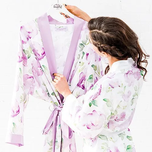 LAVENDER WATERCOLOR FLORAL SILKY KIMONO ROBE ON LAVENDER