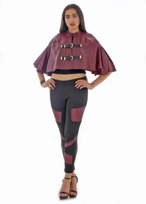 Leather buckled cape with pleated sleeves