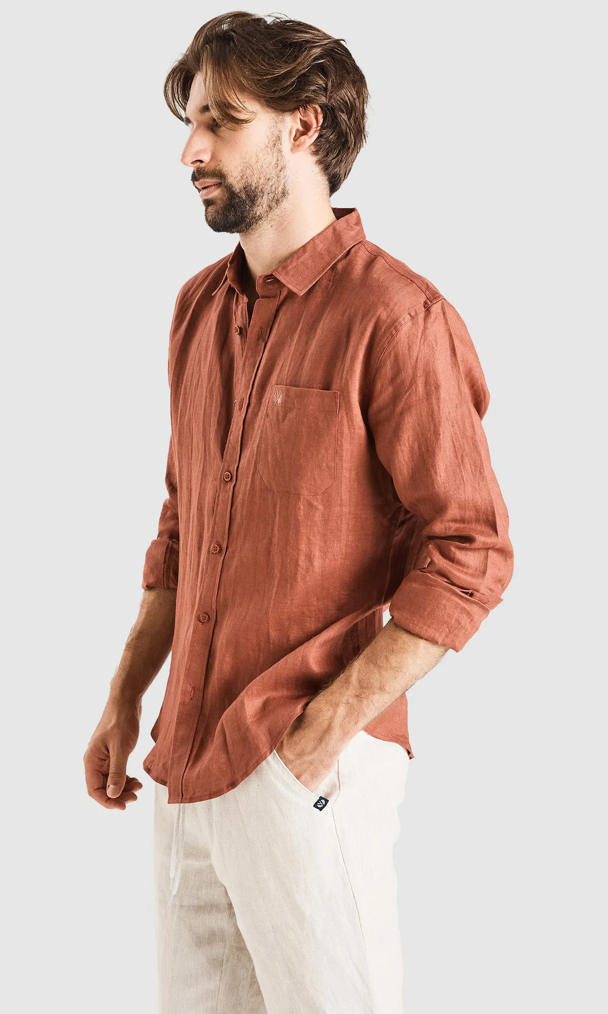 Linen Shirt Long Sleeve Rust