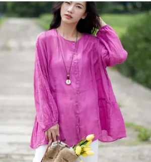 Loose Fit Pink women summer linen tops Women Ramie Shirts