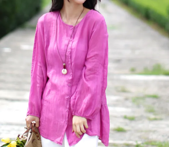 Loose Fit Pink women summer linen tops Women Ramie Shirts