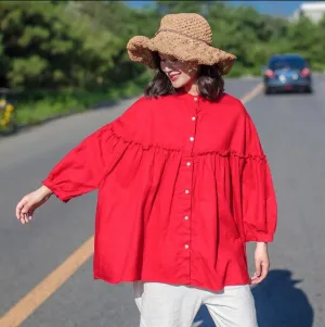 Loose Red women linen tops