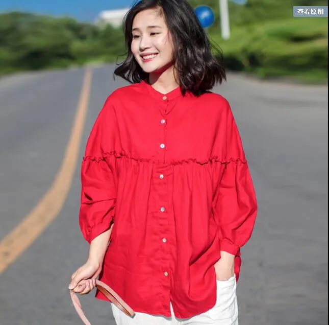 Loose Red women linen tops