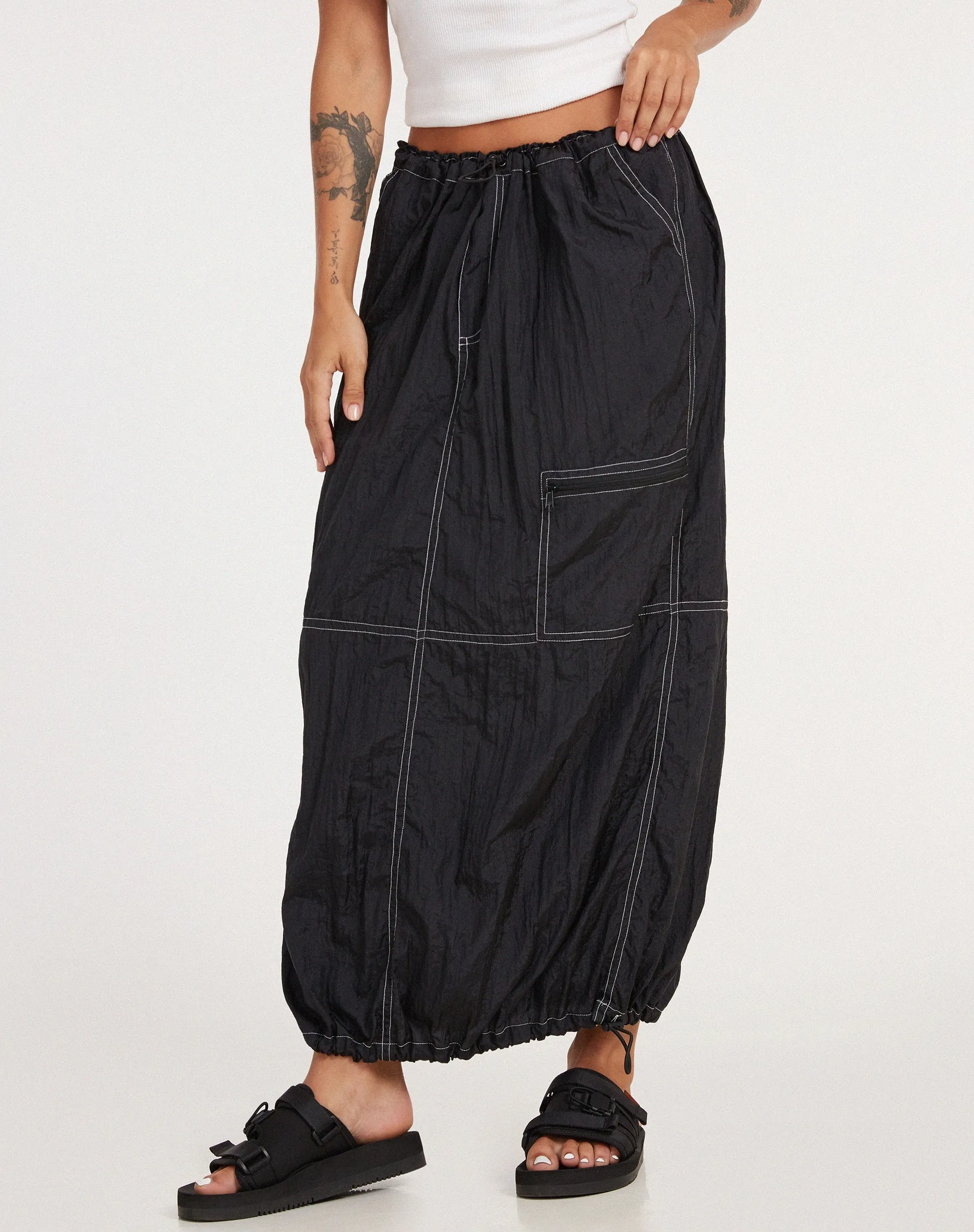 Masao Maxi Skirt in Parachute Black with White Stitch