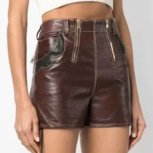 Maya Women's Genuine Leather High Waisted Shorts Brown