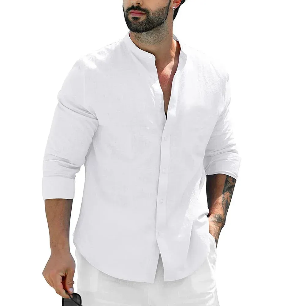 Men's Beach Shirts Casual Long Sleeve Summer Shirt Men Slim Fit Single Breasted Tops Male Stand Collar Cotton Linen