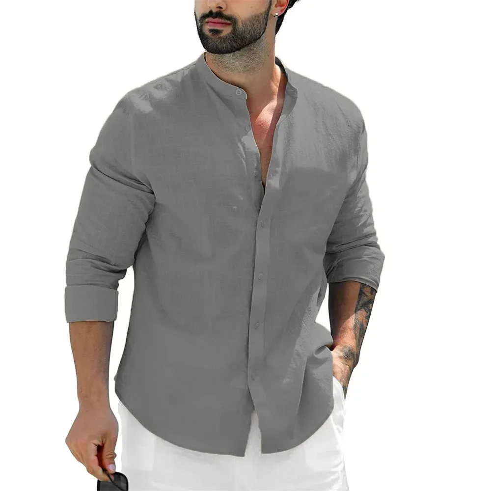 Men's Beach Shirts Casual Long Sleeve Summer Shirt Men Slim Fit Single Breasted Tops Male Stand Collar Cotton Linen