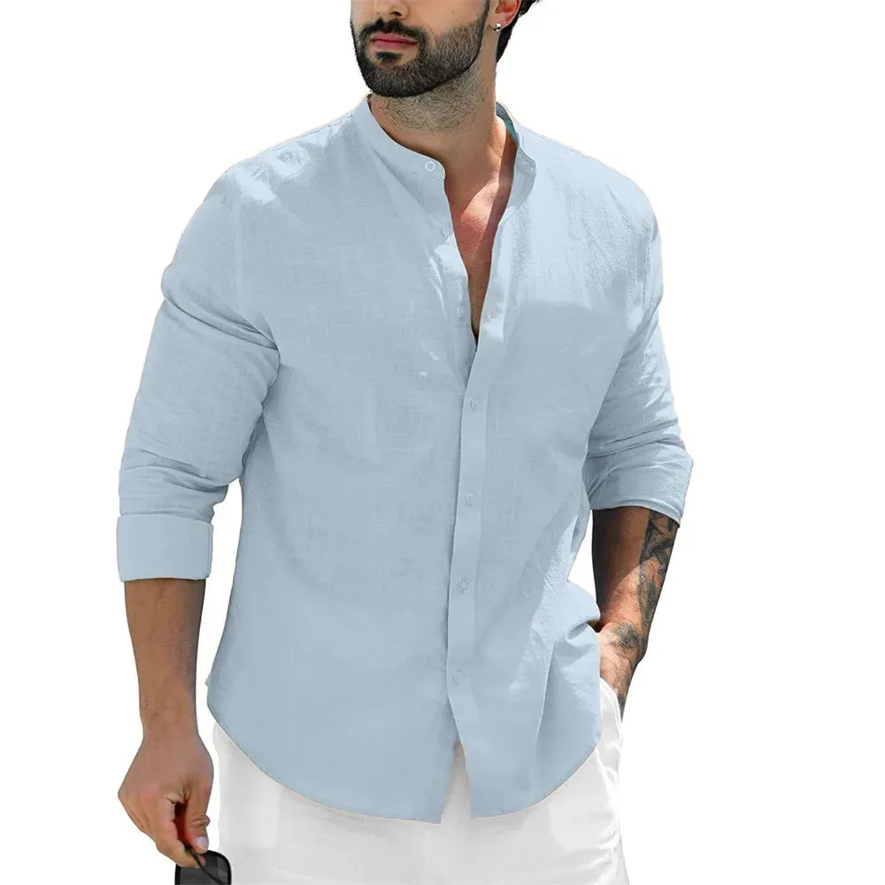 Men's Beach Shirts Casual Long Sleeve Summer Shirt Men Slim Fit Single Breasted Tops Male Stand Collar Cotton Linen