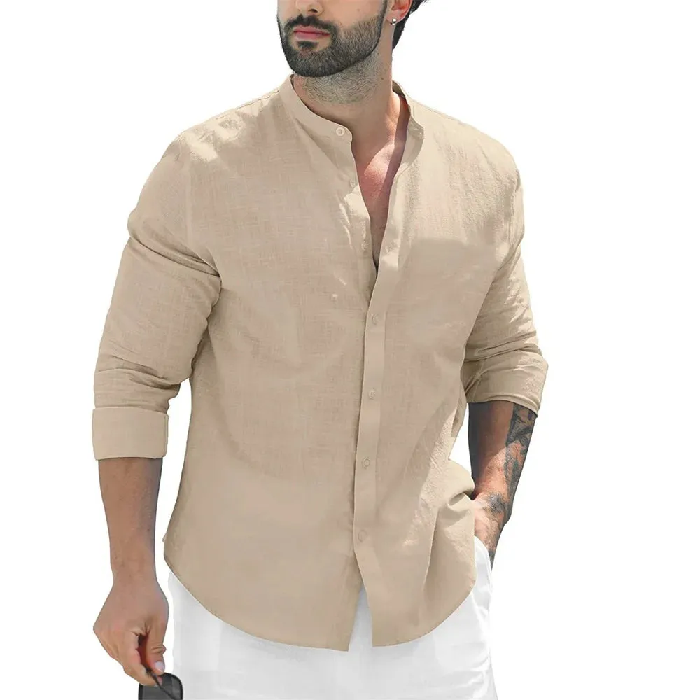 Men's Beach Shirts Casual Long Sleeve Summer Shirt Men Slim Fit Single Breasted Tops Male Stand Collar Cotton Linen