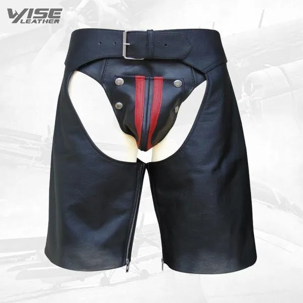 Men's Leather Chaps Shorts with Color Stripe and Eyelets