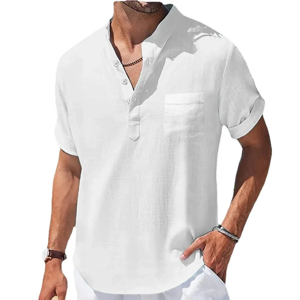 New Men's Casual Stand Up Collar Summer Solid Color Short Sleeve Linen Shirt Trendy Breathable Loose Youth Basic Pocket Top