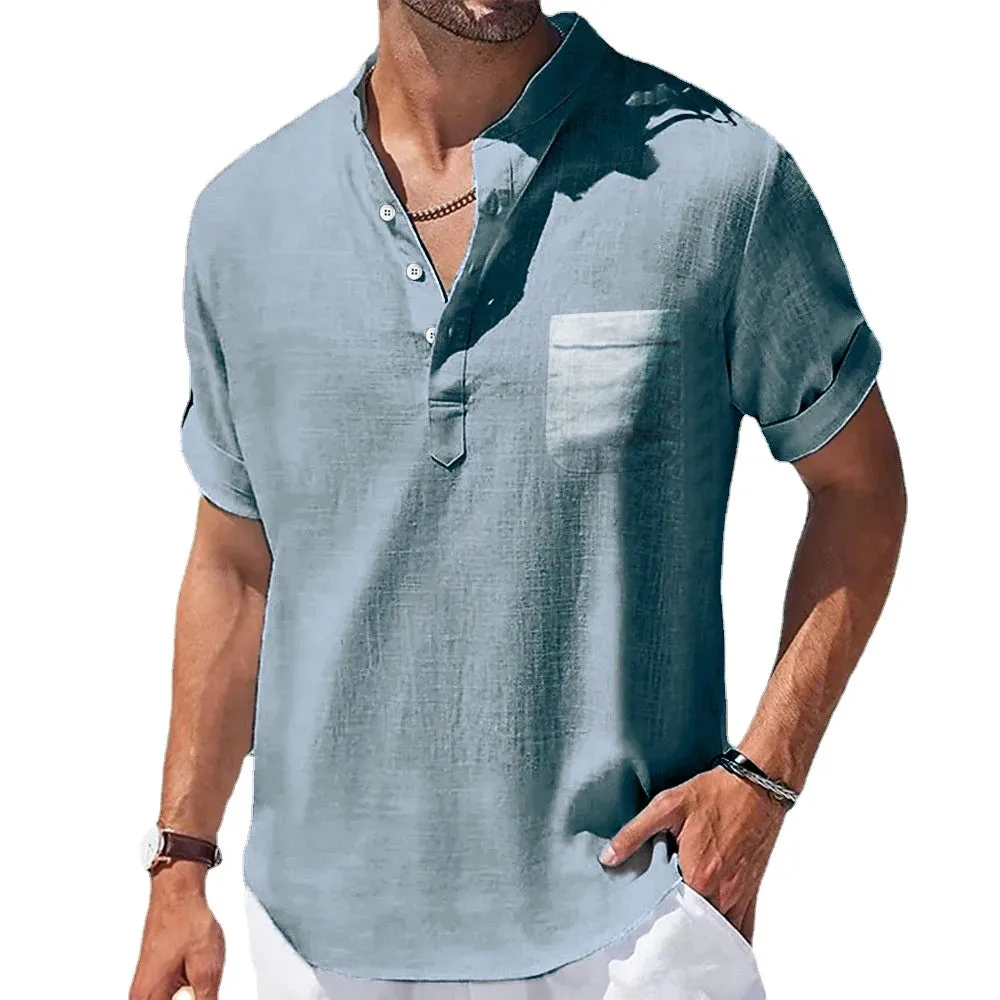 New Men's Casual Stand Up Collar Summer Solid Color Short Sleeve Linen Shirt Trendy Breathable Loose Youth Basic Pocket Top