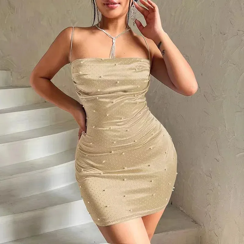 Off-Shoulder Solid 2024 Square Spaghetti Neck Short Vintage Backless Sexy Strap Dress