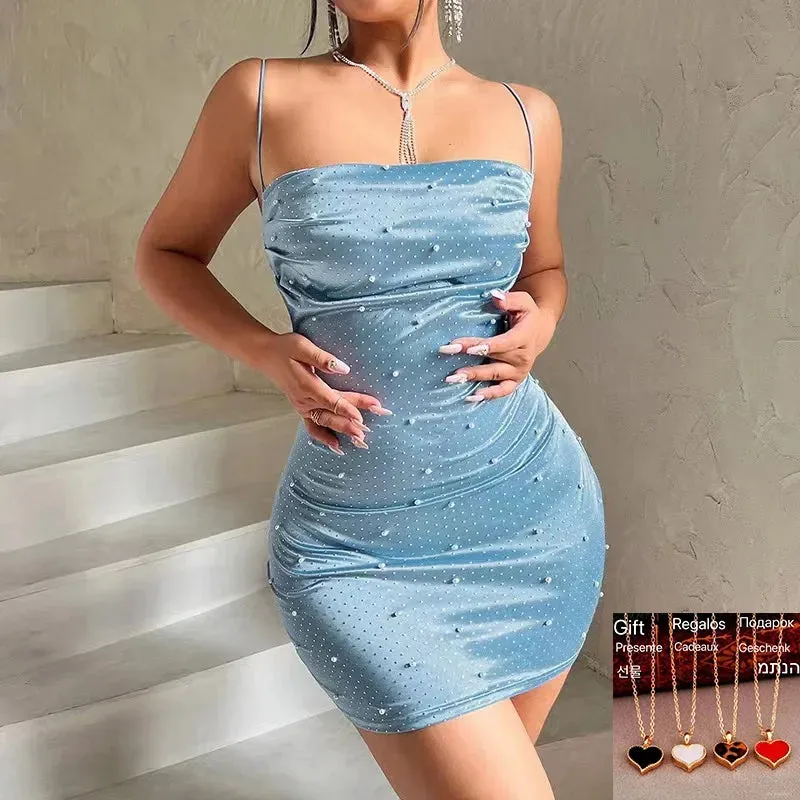 Off-Shoulder Solid 2024 Square Spaghetti Neck Short Vintage Backless Sexy Strap Dress