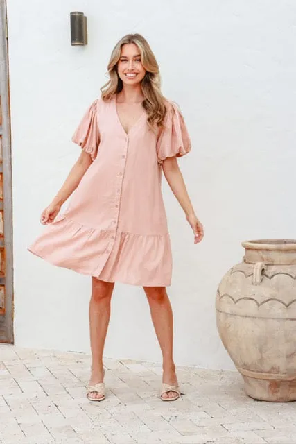 Puff Sleeve Linen Drop Hem Dress in Black, Pink and Soft Khaki by Grace & Co