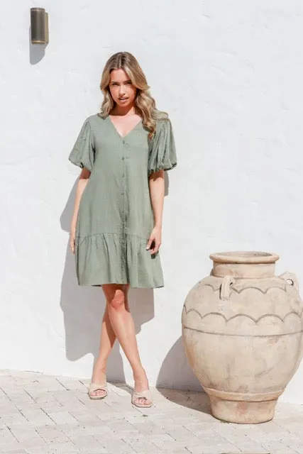 Puff Sleeve Linen Drop Hem Dress in Black, Pink and Soft Khaki by Grace & Co