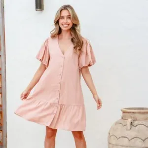 Puff Sleeve Linen Drop Hem Dress in Black, Pink and Soft Khaki by Grace & Co