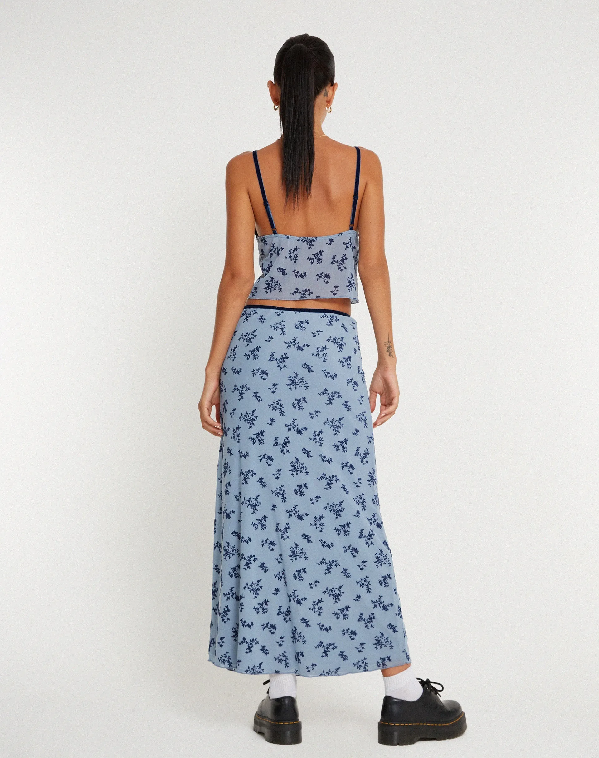 Rinzi Maxi Skirt in Light Blue Black Botanist Flocking