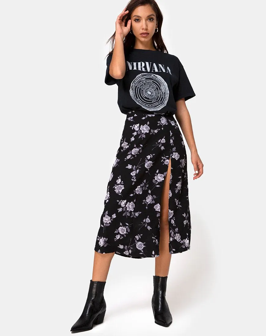 Saika Midi Skirt in White Rose Black